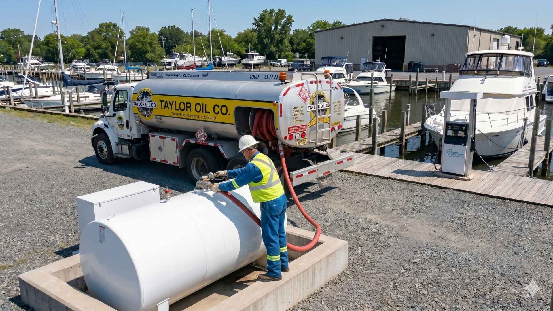 A Taylor Oil Co. truck fueling a tank at a marina